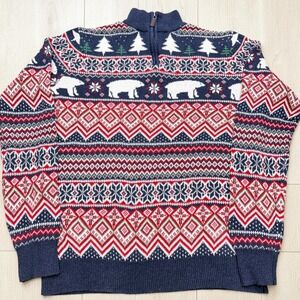 Mens Fair Isle Polar Bear Holiday Quarter Zip Sweater Navy Blue Nordic Knit 2423